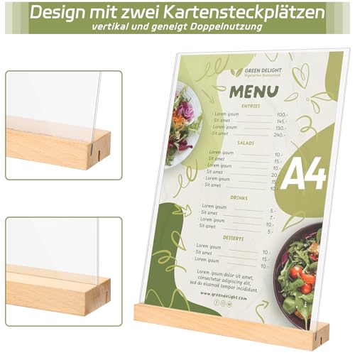 Yoosso Aufsteller A4, 2 Stück Acryl Tischaufsteller A4 Preisschilder Aufsteller Schilderhalter mit Holzfuß für Werbung Menükarte Hochzeit Cafe Restaurant (L&T Form - 2 Möglichkeiten)