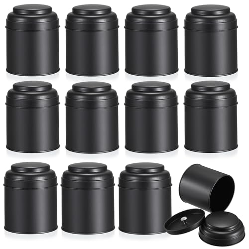 JUXYES 12 Pack Black Loose Tea Metal Tins Canister with Airtight Double Lid