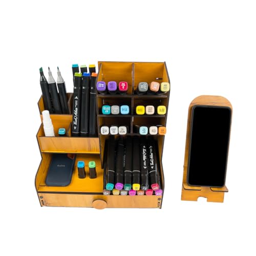 Image of Wooden Desk Organiser Pen Stand for Study Table Brown