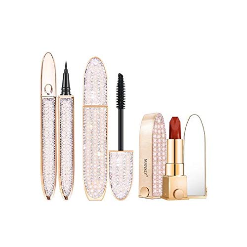 Preisvergleich Produktbild HIROCK Wasserdichter Eyeliner, Mascara, Lippenstift, langlebiges Kosmetikset, Shiny Diamond und Pearl Look (3 Stück)