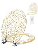 Resin Toilet Seat Round with Easy Clean Adjustable Hinges, Soft Close Quick Release Heavy Duty Golden Glitter Cover Acrylic Toilet Seats (Round 17Inch, Gold Foil, Upgraded hinge)