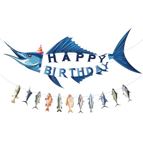 Image of Hooqict Shark Happy Birthday Banner Fishing Birthday Decorations Fish Party Banner Garland Sign for Boys Men Fisherman Sea Ocean Themed Shark Birthday Party Decorations