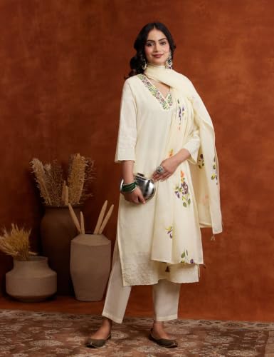 Image of Amazon Brand - Myx Women Embroidered Cotton Kurta Pant Set with Dupatta (Available in Plus Sizes)