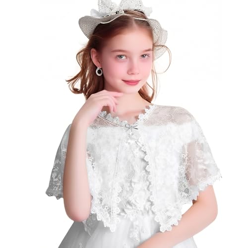 Girl's Elegant Lace Bridal Wedding Shawls, White Floral Embroidered Shrug Bolero Cape Guest Flower Girls