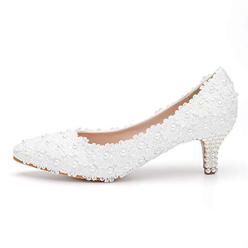 Dressfirst Women's Bridal Stiletto Heel Closed Toe Pumps with Imitation Pearl Applique,1.97"…2