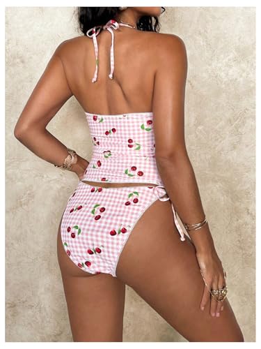WDIRARA Women's Cherry Print Gingham Tankini Swimsuit Halter Tie Side Two Piece Bathing Suit2