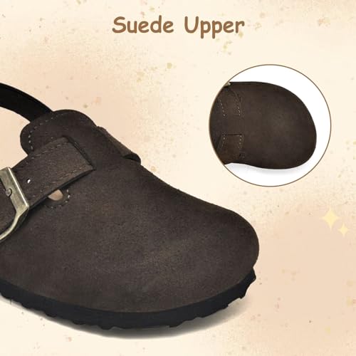 Image of Kids Suede Clogs Boys Girls Mules Cork Genuine Leather Sandals with Adjustable Buckle Slippers Potato Shoe Indoor Outdoor Slip On Slide for Big Kids