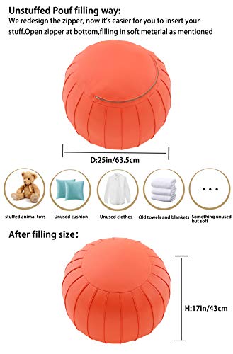Comfortland Unstuffed Ottoman Pouf Covers,Large Faux Leather Foot Stool, 25x17 Inches Round Poof Seat, Floor Bean Bag Chair,Foot Rest Storage Solutions for Living Room, Bedroom, Kids Room Orange red - Thumbnail 2