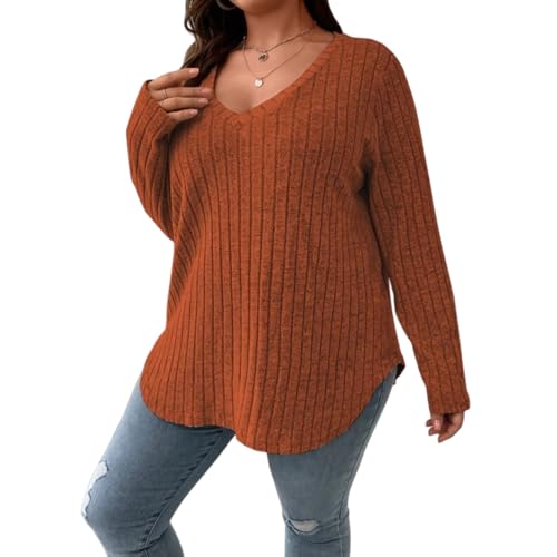 Otoño/Invierno Color Liso Talla Grande Ropa de Mujer Cuello en V Suelto Jersey Top Pit Stripe Cepillado Camiseta, caramelo, 3XL