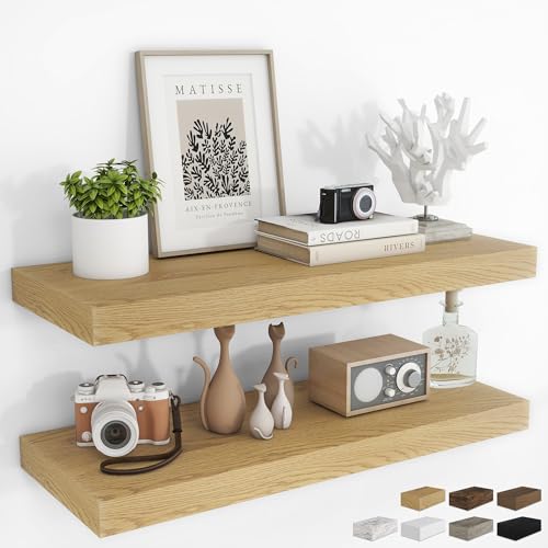 RICHFOCUS 36Inch Floating Shelves for Wall 2 Pack Shelves for Bedroom|Kitchen|Bathroom Wall Mounted Rustic Wood Floating Shelf with Invisible Brackets for Books|Storage|Decor Oak