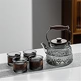 IwaiLoft 「海棠花」耐熱ガラス ティーポット 茶こし付き ガラス製ポット 1000ml 手作り 木製持ち手 ジャンピング 紅茶ポット フルーツティー 花茶 工芸茶 ハーフティー に 急須 健康茶器 直火可(グレー,1個ポット&2個グラス)