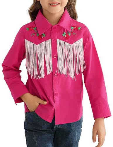 Girls Western Cowboy Fringe Shirt Long Sleeve Floral Embroidered Cute Collared Retro Casual Blouses Shirts