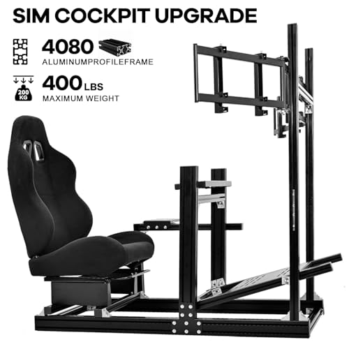 Image of Anman Aluminum Profile Racing Simulator Cockpit with Triple Monitor Mount Black Seat, Fit for Logitech, for Thrustmaster, for Fanatec Direct Drive Steering Wheel,Multi Adjustable Universal cockpit
