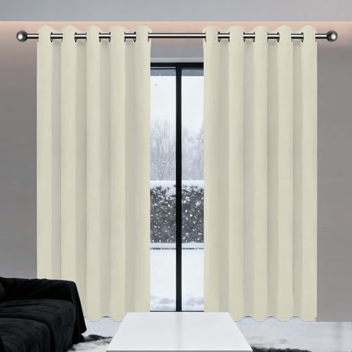 GOUBO Blackout Eyelet Curtains 360 x 215 cm Thermal Insulated Energy Saving Door Curtain for Living Room for Window Living Room, Beige