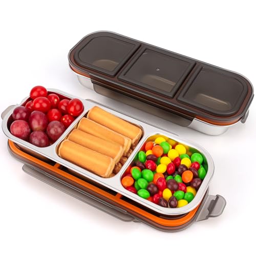 2 cajas de almuerzo de acero inoxidable con 3 compartimentos con tapa a prueba de fugas, caja de aperitivos de metal, tres contenedores de alimentos divididos, caja bento apta para microondas y