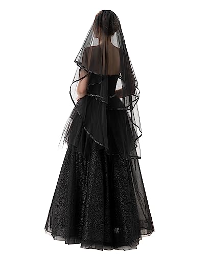 PAMOR 2 Tier Lace Veil Cathedral Tulle Sheer Wedding Halloween Party Costume Veil for Bride With Comb (Medium, Ribbon Trim, Black)
