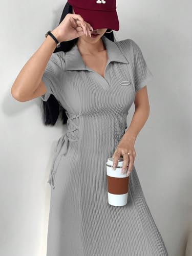 Image of Shasmi Women's Solid Color Applique Lace-Up Collared Short Sleeve, Side-Tie Waist Long Casual Maxi Women Dress Outfit Long Evening Midi Western Party Dress for Women (Dress 211)