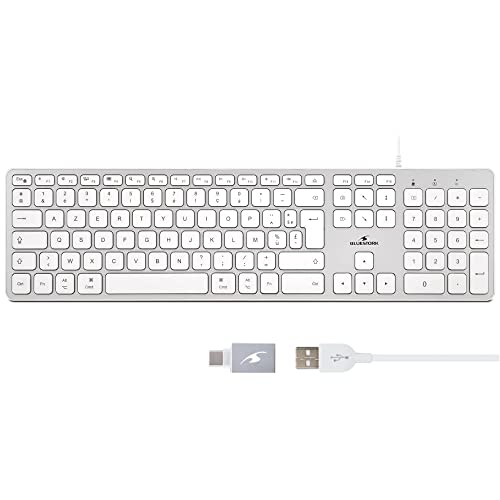 Bluestork Clavier Français AZERTY Filaire pour Mac - Touches Concaves et Silencieuses, 13 Raccourcis Multimédia, Adaptateur USB/USB-C - NOUVEAU 2022