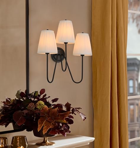 Image of Electro bp; Elegant Triple Sconce Black Curved Metal Arm with Warm White Pleated Fabric Lamp Shades Brocade Cover Wall Light Fixture,E12,3 Sockets,120W,Hardwired;