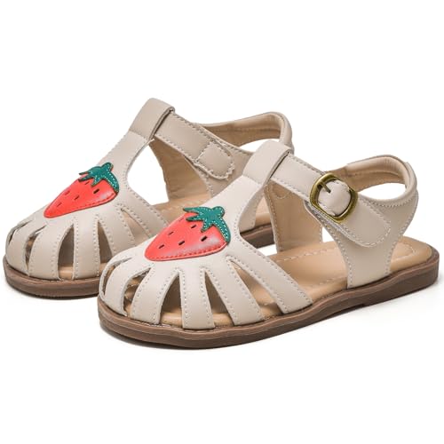 Image of WUIWUIYU Toddlers Little Girls T-Strap Hook&Loop Dress Strawberry Summer Shoes Closed Toe Carrot Sandals