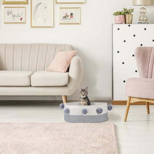 Panier pour chat en coton tressé haut de gamme Relaxdays corbeille grise et blanche