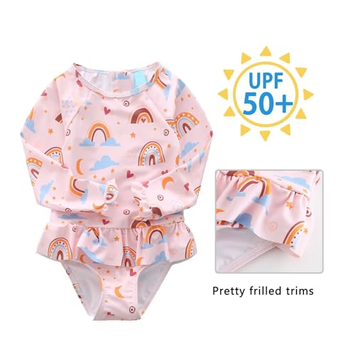 Image of Aisyee Baby Girls One Piece Swimsuits Long Sleeve Rash Guard Swimshirts