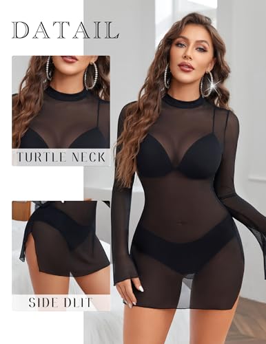 Image of Avidlove Mesh Mini Dresses for Women Bell Sleeves Bodycon Turtle Neck Split Lingerie Dress Vacation Party Outfits Clubwear