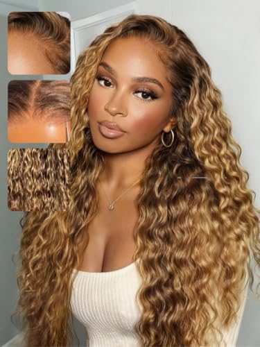 Image of Sunber 13x4 Bye Bye Slip Lace Frontal Human Hair Wig with Honey Blonde 18 inch | Highlights Water Wave Glueless Drawstring Wig Pre Everthing Pre Cut HD Lace Front Wigs Pre Plucked Knots 150% Density