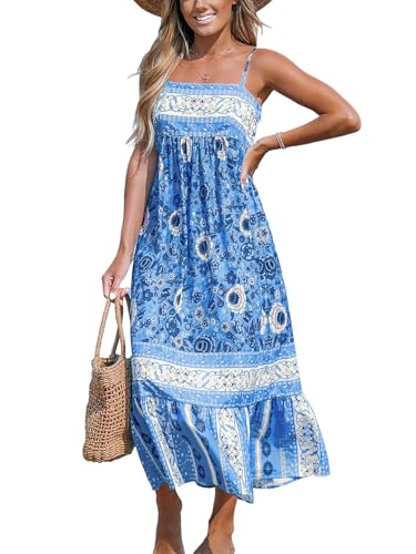 Image of CUPSHE Women's Floral Maxi Dress Spaghetti Strap Summer Boho Beach Dress Smocked Sundress Casual Vacation Flowy Long Dress