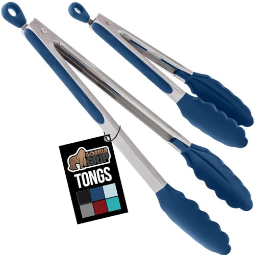 GORILLA GRIP Stainless Steel Heat Resistant Kitchen Tongs for Cooking, 9 + 12 Inch, Set of 2 BBQ Tong, Non Scratch Silicone Tip for Pan, Strong Grip, Grab Food, Toss Salad, Air Fryer, Pull Lock, Blue