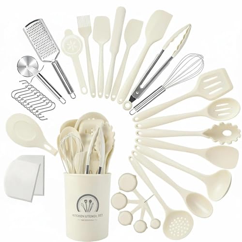 Omtofo 43 Piezas Utensilios de Cocina de Silicona, juego Utensilios de Cocina Resistencia al Calor y Antiadherente, sin BPA, con Cubo para Guardar Utensilios