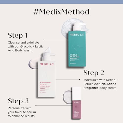 Image of MEDIX Exfoliating Glycolic Acid Body Wash & Face Wash + Fragrance Free Retinol Body Lotion Skin Care Set | Crepey Skin Care Treatment | Lactic Acid Foaming Wash For KP Bumps, Keratosis Pilaris & Acne