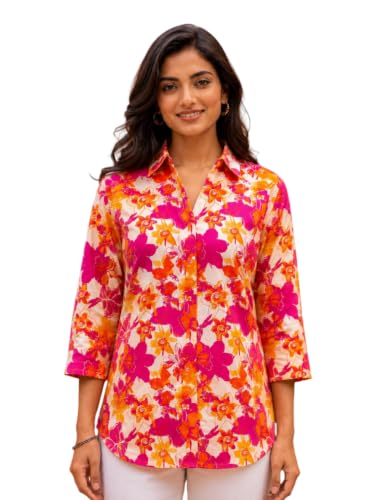 Image of Pure Cotton Long Hemline Shirt for Women Beautiful Printed Collared Neck Casual Western Shirt Top Formal Office Wear