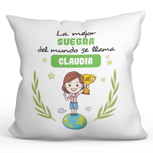 MUGFFINS Cojín Personalizable 40x40 cm para Suegra Relleno Incluído - En Español - Eres Mejor del Mundo - Regalo Original y Divertido