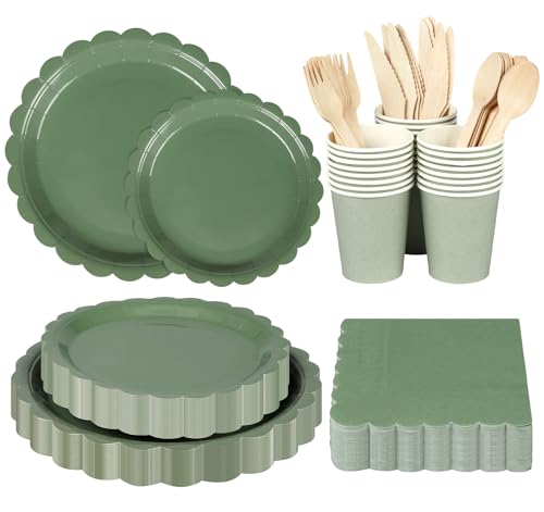 Vert Assiette en Carton, Anstore 200 Assiettes et Couverts pour 25 Invités, Vaisselle de Fête avec Serviettes, Couteaux, Cuillères, Gobelets en Carton et...