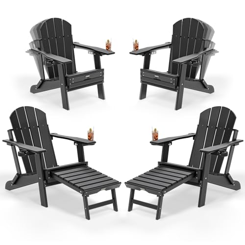 VINGLI Back-Adjustable Plastic Folding Adirondack Chairs Set of 4 with Retractable Footrest & 2-in-1 Cup Holders, Waterproof HDPE Outdoor Fire Pit Chairs for Patio, Pool, Capacity 400 LBS, Black