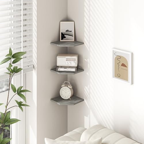 Image of Fun Memories Corner Shelf Wall Mount, Floating Corner Shelves, Set of 6 Corner Wall Shelf Organizer, Rustic Wood Wall Storage Display Shelves for Living Room Bedroom Bathroom Kitchen, Rustic Grey