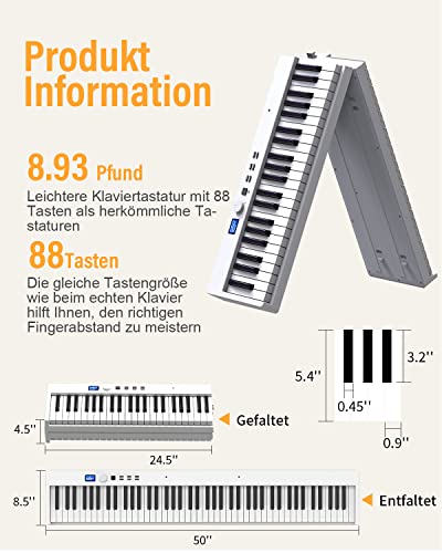 OYAYO Piano pliable avec 88 touches avec écran LCD et boutons semi-lestés – Prise en charge MIDI Bluetooth – Clavier piano numérique avec sac de piano pour enfants – Cadeau d’anniversaire (blanc) - Les Beatles, Paul McCartney, John Lennon, RIngo Starr, George Harrison OYAYO Piano pliable avec 88 touches avec écran LCD et boutons semi-lestés - Prise en charge MIDI Bluetooth - Clavier piano numérique avec sac de piano pour enfants - Cadeau d'anniversaire (blanc) – Image 5