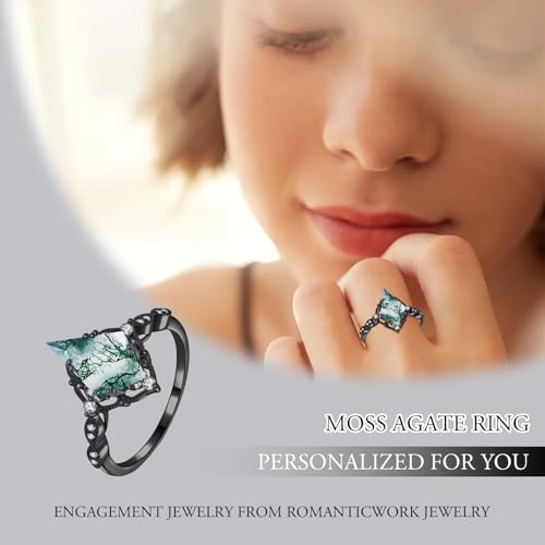 Black Moss Agate Ring for Women 18K White Gold Filled 925 Sterling Silver Personalized Bridal Wedding Promise Rings Engagement Ring Valentine's Day Anniversary Jewelry for Her Wife2