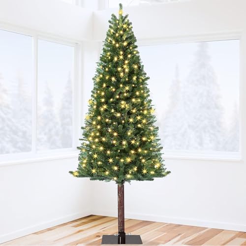 Garvee 7.5 ft Christmas Tree, 7.5 ft Artificial Prelit Slim Pencil Tree with Warm White Lights & Metal Stand, Easy Assemble, Xmas Decor for Home Party