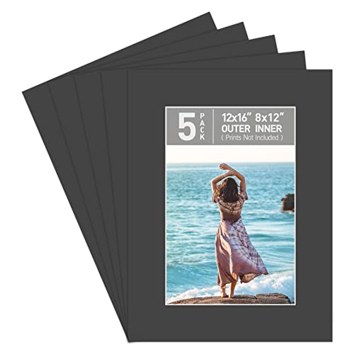 Golden State Art, Pack of 5 Black 12x16 Picture Mats for 8x12 Photos
