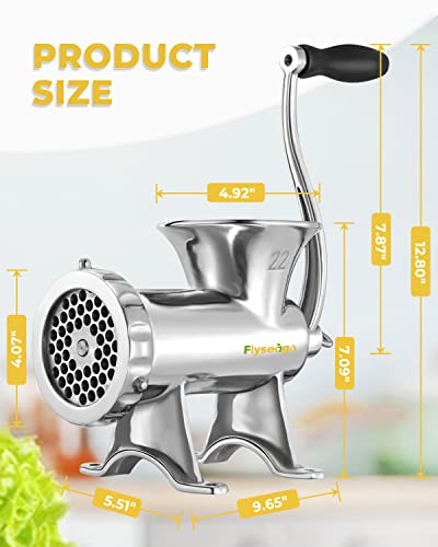 Flyseago Meat Grinder Manual Stainless Steel Food Grinding Machine Sausage Stuffer Hand Cranked Filler Mincer Chopper Large For Comercial Ground Beef Vegetables Processor Dish Washer Safe (#22) #TOP6
