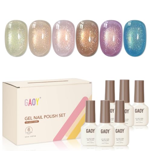 GAOY Glitter Cat Eye Gel Nail Polish Set, 6 Colors UV Gel