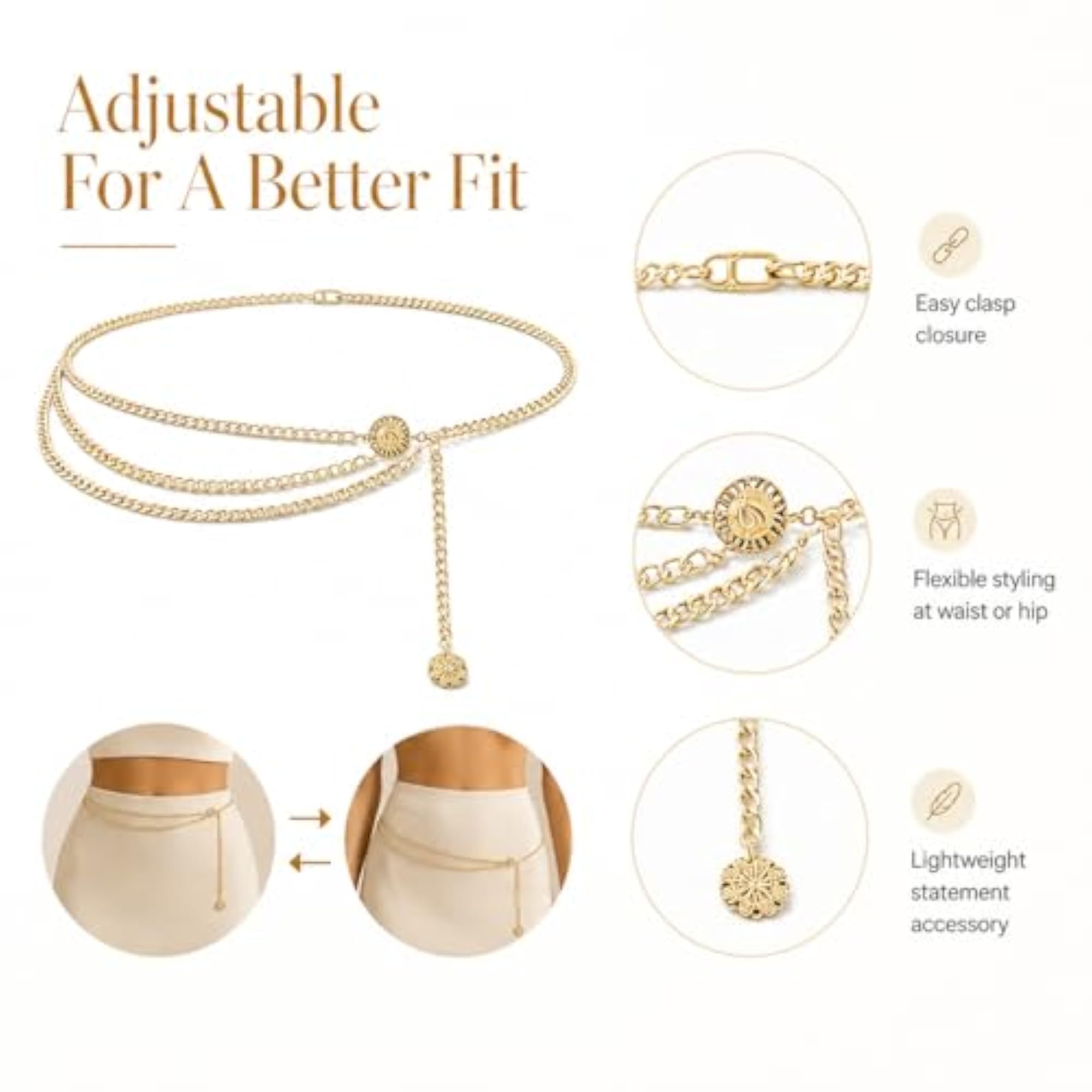 Multi-Layer Heart Pendant Waist Belt, Adjustable Metal Hip Chain