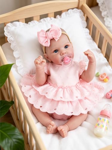 Image of EKOKIZ Lifelike Reborn Baby Doll 20 Inch, Realistic Newborn Girl with Pink Dress & Soft Silicone Vinyl, Handmade Collectible Doll for Kids Gift, Anxiety Relief, Dementia Therapy & Emotional Support
