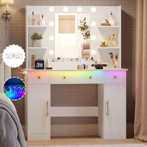 Image of Wodeer Makeup Vanity Desk with Mirror and Lights, 43 inch White Vanity Set with 3 Drawers, Power Outlet & Adjustable RGB LED Lights, Dressing Table with Storage Shelf for Women & Girls Bedroom