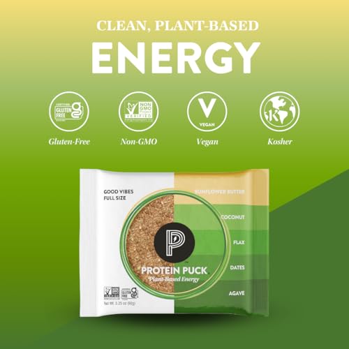 Image of Protein Puck Plant Based Protein Bars 16 Count 3.25oz Full Size Good Vibes | Snacks with Vegan Protein, Gluten Free, Non Dairy, Kosher Certified Non GMO Premium Healthy Bars