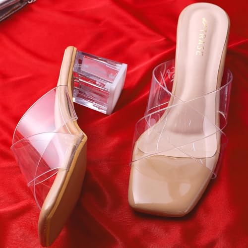 Image of TRASE Transparent Cross Strap Block Heels for Women Stylish | Fashionable Heel Sandals for Girls | Elegant & Formal Footwear