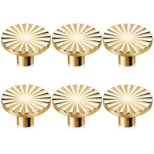 TUBAWD 6PCS Gold Drawer Knobs, Drawer Knobs, Door Knobs Round Single Hole Hardware with Stylish Smooth Handles for Dresser, Cupboard, Wardrobe, Kitchen Cabinets and Furniture