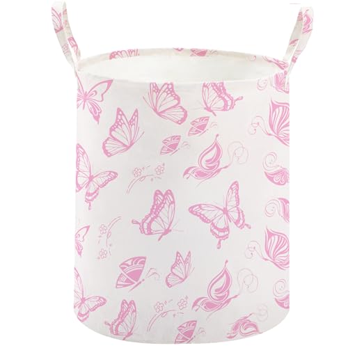 Image of Baby Laundry Basket Nursery Hamper with Long Handles, Pink Butterfly